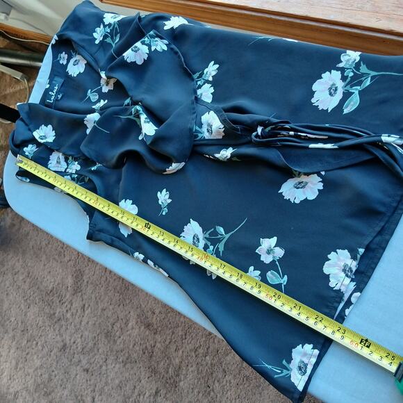 Lulus Build Me Up Buttercup Black Floral Print Wrap Top Sm sheer ruffled collar - Picture 10 of 14